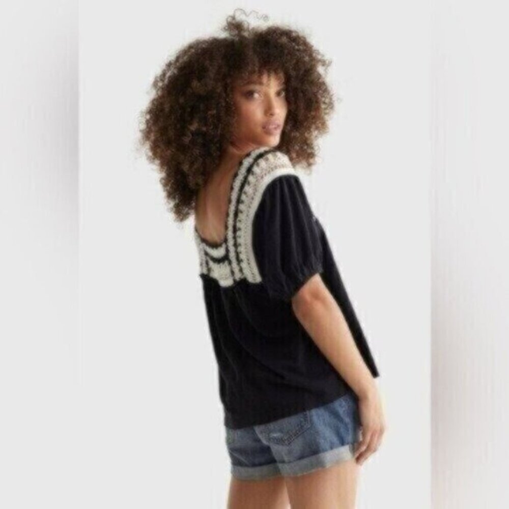 Lucky Brand Black Blouse with Cream Crochet Yoke